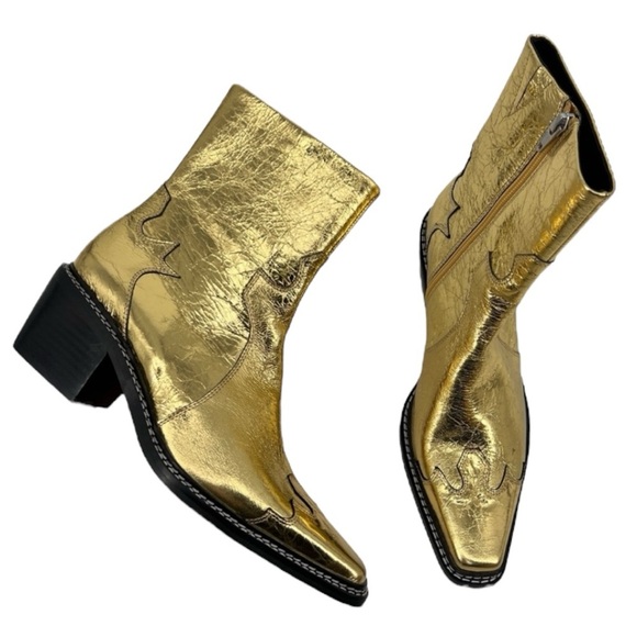 Caverly Kylie Western Gold Metallic Leather Block Heel Cowboy Ankle Booties 40 - Picture 1 of 11